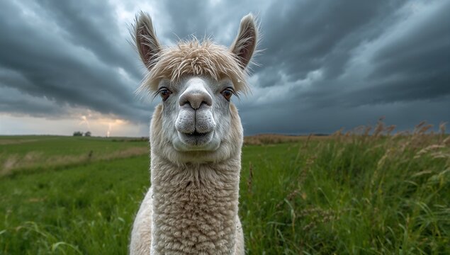 Standing light brown llama gazing across green pasture, with stormy sky overhead - Powered by Adobe