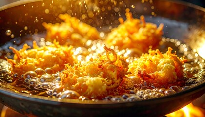 Close-up Golden Deep Fried Onion Ring Cooking Process in Hot Oil