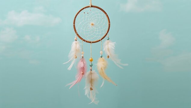 Showcasing circular dreamcatcher with web against turquoise backdrop, pastel beads and feathers - Powered by Adobe