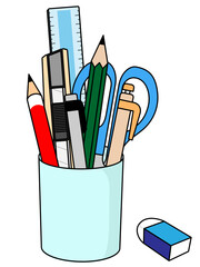 色々な文房具が刺さったペン立て　ハサミ　カッター　定規