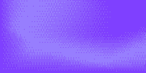Purple checkered halftone pattern with smooth pixel gradient gradation from light violet to deep purple colors. Abstract digital texture background. Modern square dotted overlay composition.