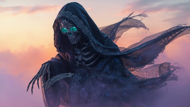 Floating skeletal figure gliding through twilight mist, with glowing teal eyes and tattered cloak