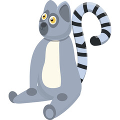 Pixelated cartoon ring-tailed lemur sitting on a transparent background with yellow eyes and a striped tail in a blue and gray color palette