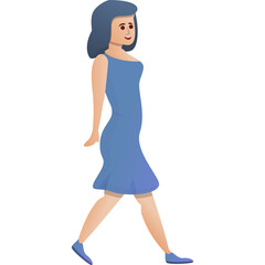 Pixelated cartoon woman with blue hair and blue dress walking with transparent background rendered in a flat design style