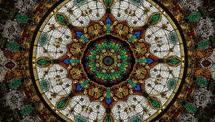 Featuring circular stained glass mosaic beneath cathedral roof, with central rosette and metal ribs