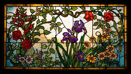 Displaying stained glass window panel at wall opening, with red roses purple iris daisies