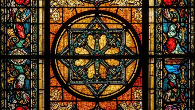 Showcasing gothic stained glass window panel inside church sanctuary, with six-pointed star motif - Powered by Adobe