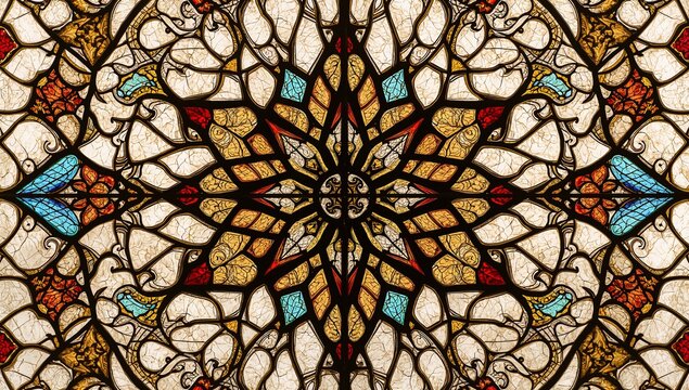 Displaying stained glass panels with lead cames in church window, showcasing colored glass segments