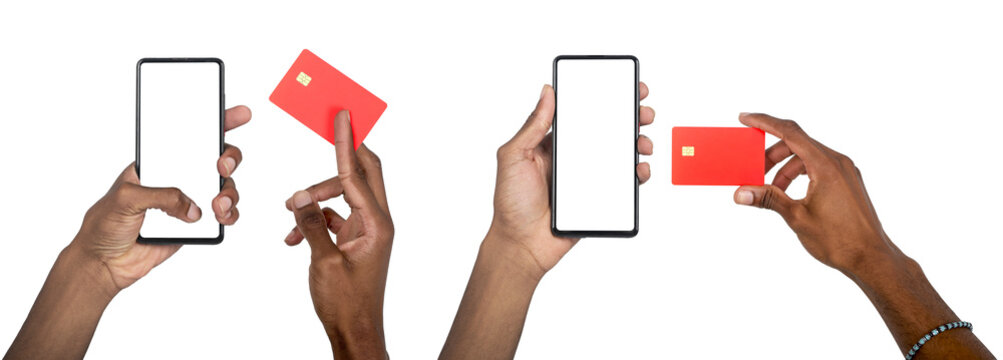 E-business concept with African American man using smartphone and holding credit card for online - Powered by Adobe