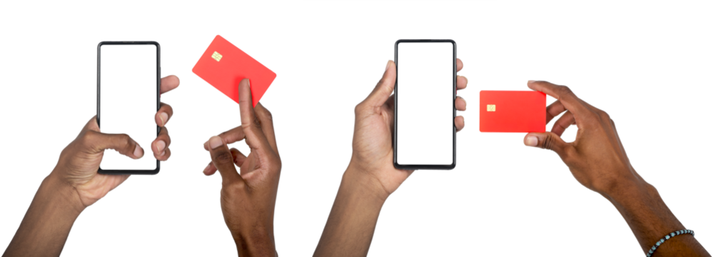 E-business concept with African American man using smartphone and holding credit card for online