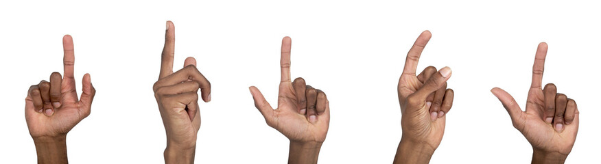 Finger pointing up, African American man raising index finger vertically. Human gesture symbolizing
