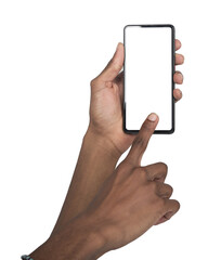 Finger touching smartphone screen in closeup, symbolizing interaction with digital technology and