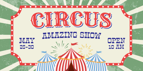 circus invitation web banner. vintage festival background with tent, sunburst pattern. retro invite of carnival show. vector illustration © yatsan lee