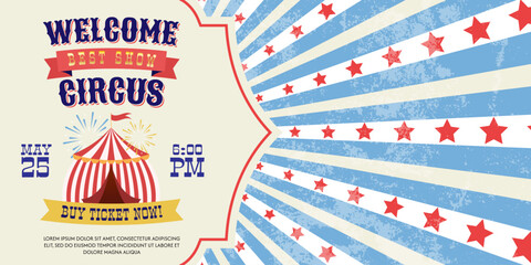 welcome circus, invitation web banner. vintage festival background with tent, sunburst and stars pattern. retro invite of carnival show. vector illustration © yatsan lee