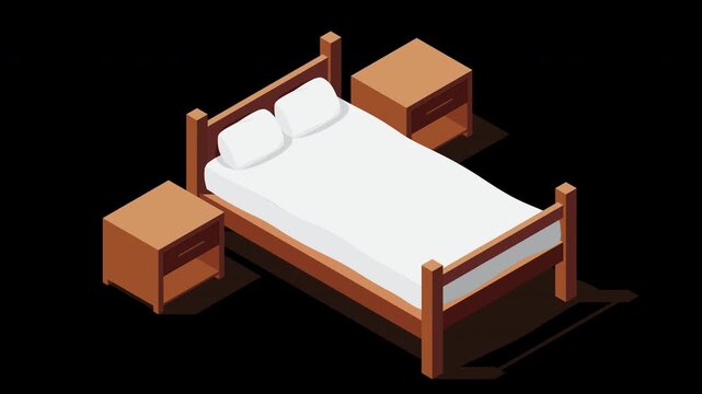Isometric bed with bedside tables animation. Bedroom interior with bed, nightstands and night lamp. Isometric bedroom furniture. Transparent background with alpha channel