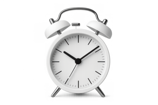 White analog alarm clock bell ringing, time passing, waking up, morning call, transparent background
