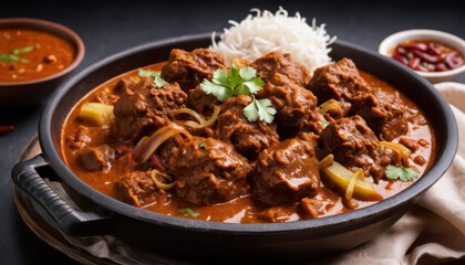 Fototapeta premium Delicious Indian beef curry served with rice and side dishes