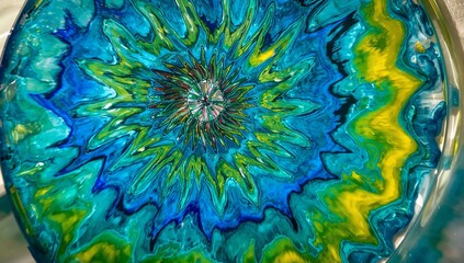 Naklejka premium Displaying circular abstract resin artwork in metallic tray at art workspace, with colorful bursts