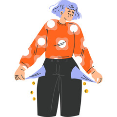 Illustration Of A Sad Person Showing Empty Pockets With A Few Coins Falling Out On Transparent Background