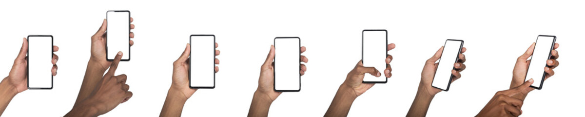 Mobile phone in hand, African American man holding smartphone with blank screen. Modern digital