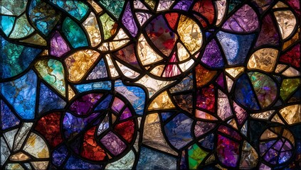 Displaying stained glass panel overlapping geometric shards in gallery window, with textured colors