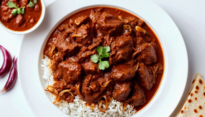 Delicious Indian beef curry served with rice and naan bread on a white plate