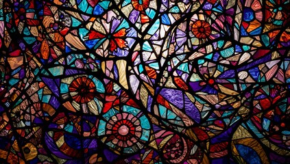 Displaying stained glass mosaic panel glowing on window, with black lead came and backlighting