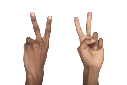 Peace hand gesture, African American man raising two fingers in a V sign. Symbol of victory, success