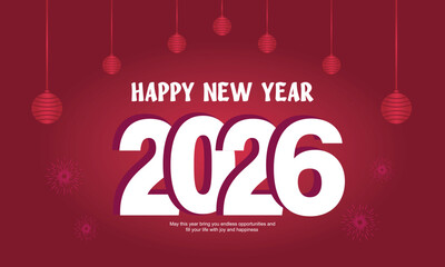 Happy new year 2026, red festive typography with hanging decorations