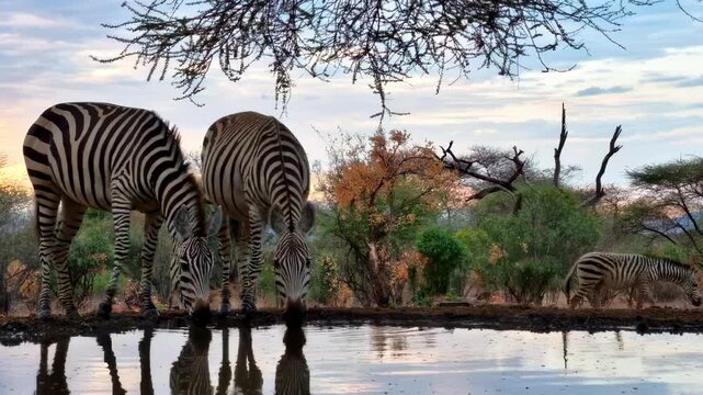 A wide shot of two wild zebras drinking together at a watering hole while one walks in the background.