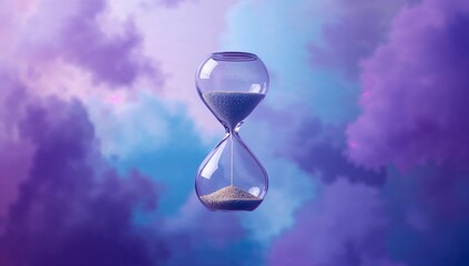 Suspending glass hourglass drifting against pastel purple cloudscape, with sand grains trickling
