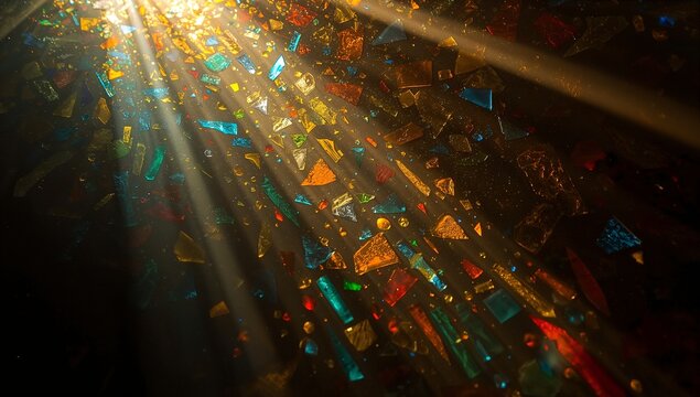Glimmering multicolored glass shards reflecting warm golden light beams on dark surface, sparkling