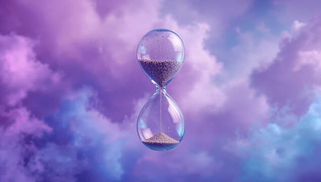 Floating transparent hourglass trickling purple sand against dreamy violet sky, soft clouds - Powered by Adobe
