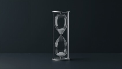 Displaying metal frame hourglass with glass bulbs flowing sand on desk in studio, minimalist design