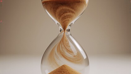 Flowing light brown sand within glass hourglass on studio surface with beige gradient backdrop