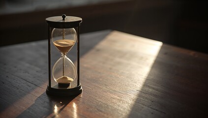 Standing solitary vintage-style hourglass pouring sand on polished wooden tabletop, casting shadow