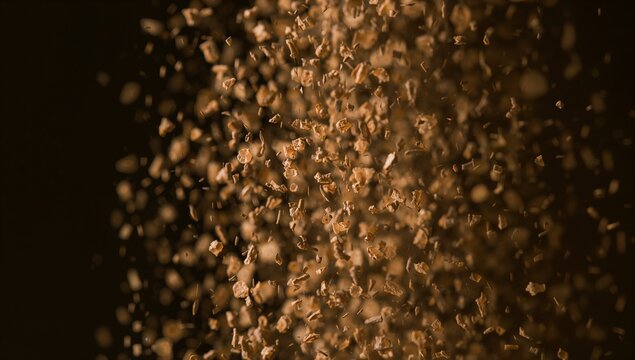Swirling wood shavings scattering mid-air in controlled studio with dark backdrop and warm lighting - Powered by Adobe