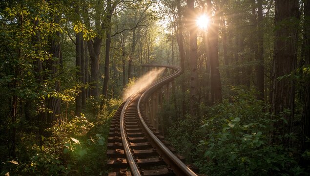 Curved rail track winding through woods at sunrise, with metal rails, ties, elevated supports, mist - Powered by Adobe