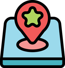 Red location pin with a star marking a special place on a digital map, indicating a point of interest, favorite spot, or recommended destination