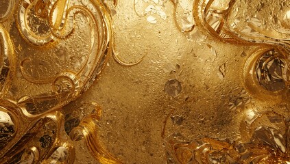 Swirling golden ribbons twisting around metallic filigree in abstract space, with gold fragments