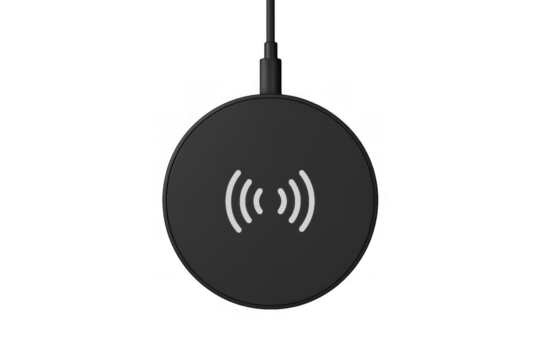 Black wireless charger pad with charging signal icon graphic. Transparent portable modern device powering a smartphone