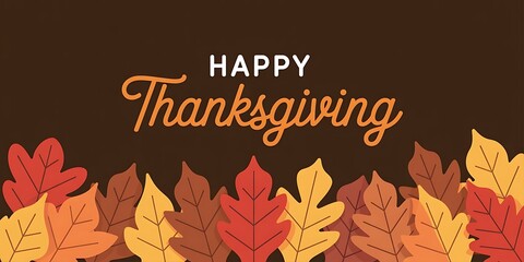 Fototapeta premium Happy thanksgiving text with colorful autumn leaves on brown background
