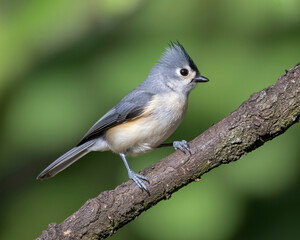 Obraz premium Charming tufted titmouse perches alertly on a textured tree branch against a soft green bokeh background, showcasing its delicate features and natural beauty.