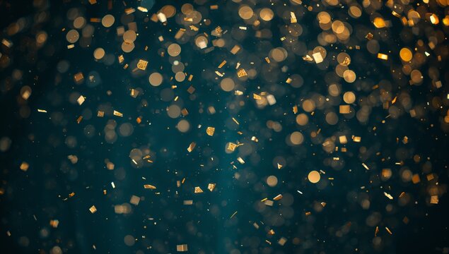 Glittering golden confetti pieces floating across dark teal backdrop, with bokeh light circles