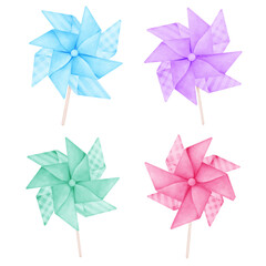 set of colorful pinwheel cartoon watercolor 