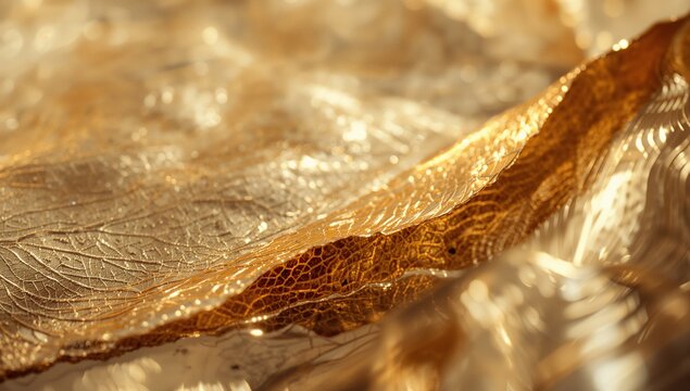 Golden skeletal leaf structure undulating on reflective plane under warm lighting, metallic surface - Powered by Adobe