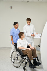 Obraz premium Health professionals supporting patient as she prepares for MRI scan in hospital setting