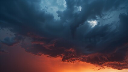 Obraz premium Swirling storm cloud formations glowing with vivid orange-red horizon light at dusk, sunset glow