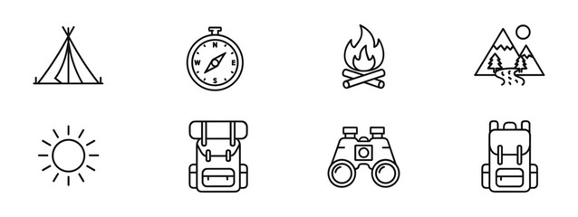 Line drawings of camping objects like a tent and backpack, suitable for outdoor and adventure themed designs.