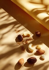 Assorted nuts on tan background, shadows play across surface